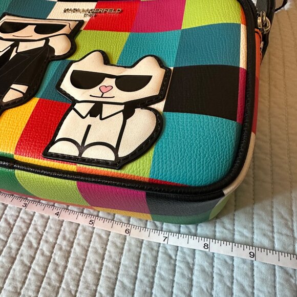 Karl Lagerfeld Multicolor Crossbody Bag W/ Checkered Print & Cartoon Graphic - Picture 8 of 11